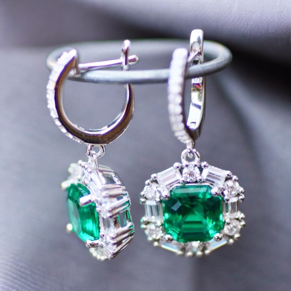Emerald Earrings Solid Sterling Silver 925 , May Birthstone , 20th anniversary - Picture 6 of 10